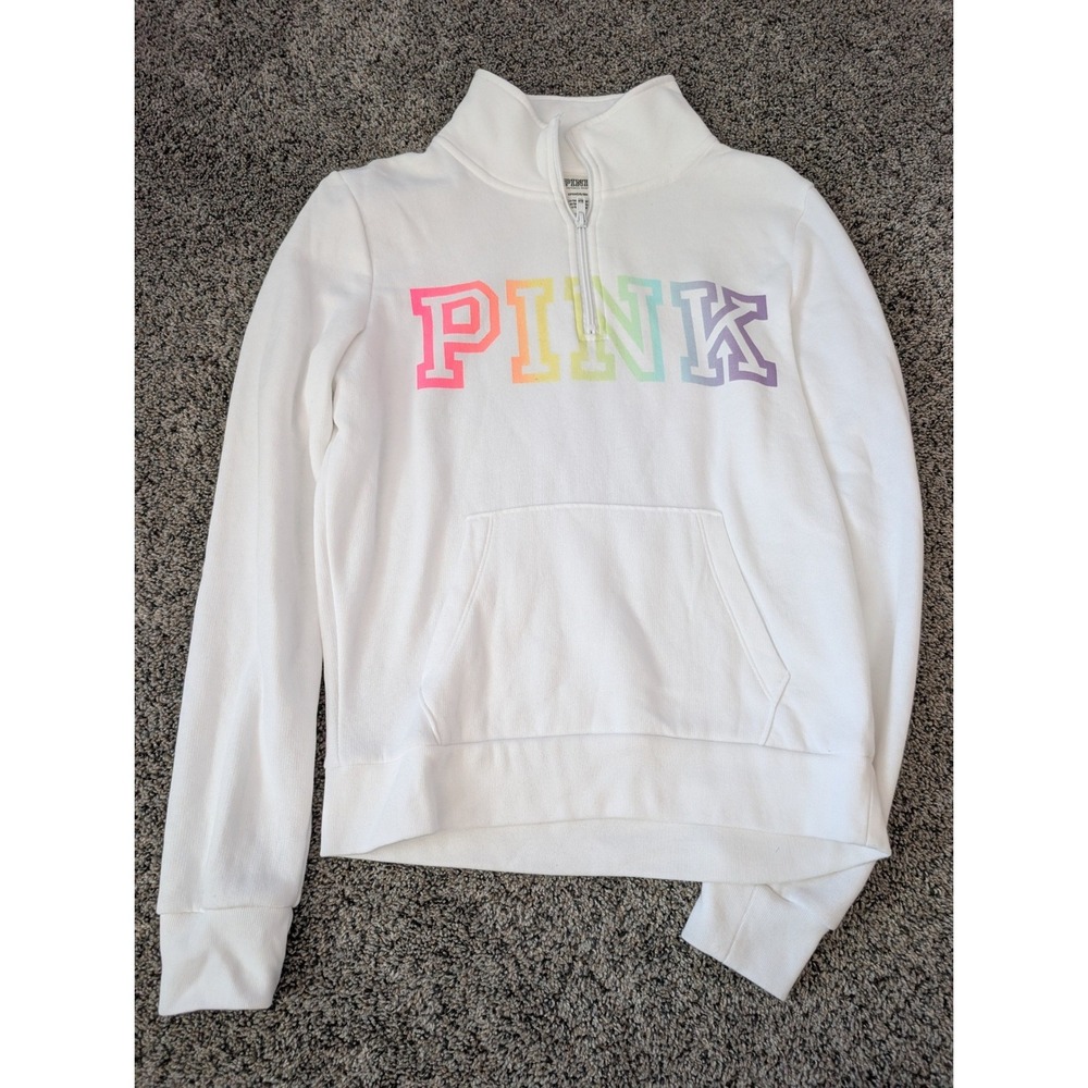 Victoria's Secret PINK White Rainbow Logo Quarter Zip Pullover Sweatshirt Small